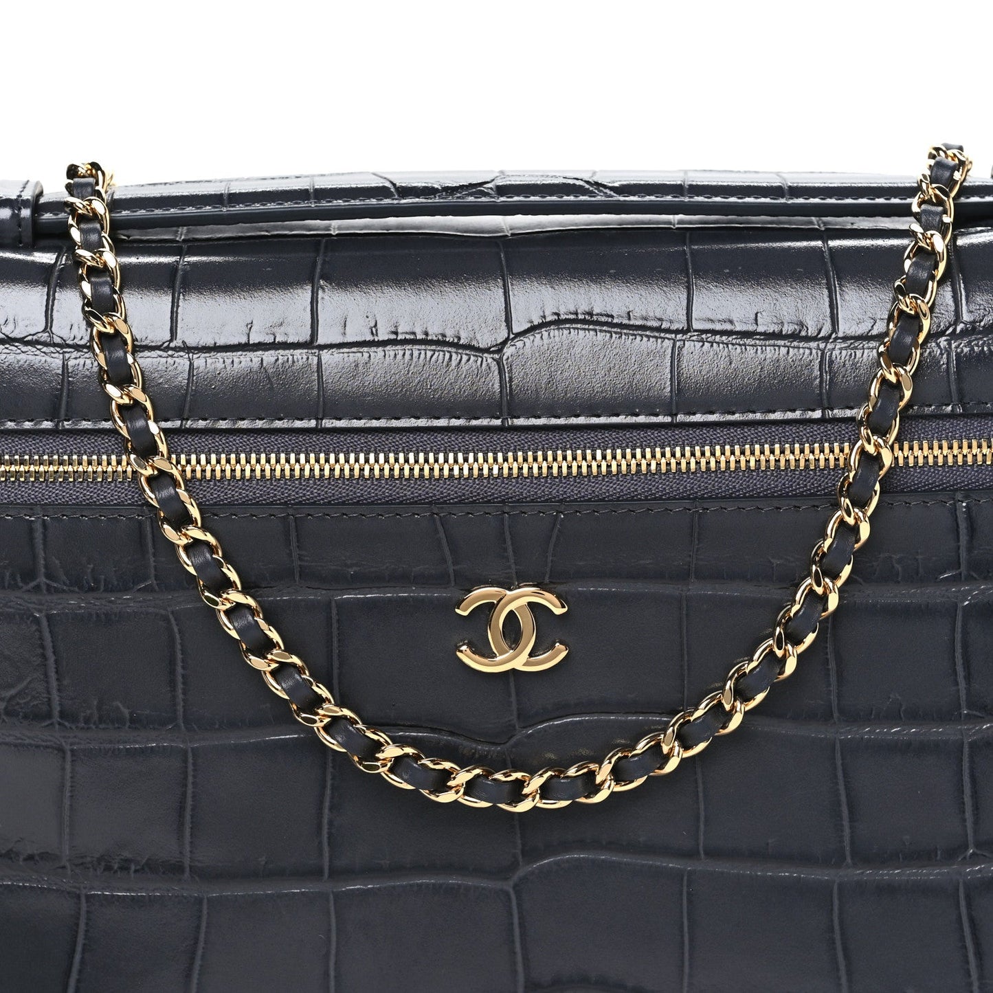 Calfskin Crocodile Embossed Large Supple Trapeze Vanity With Chain Grey