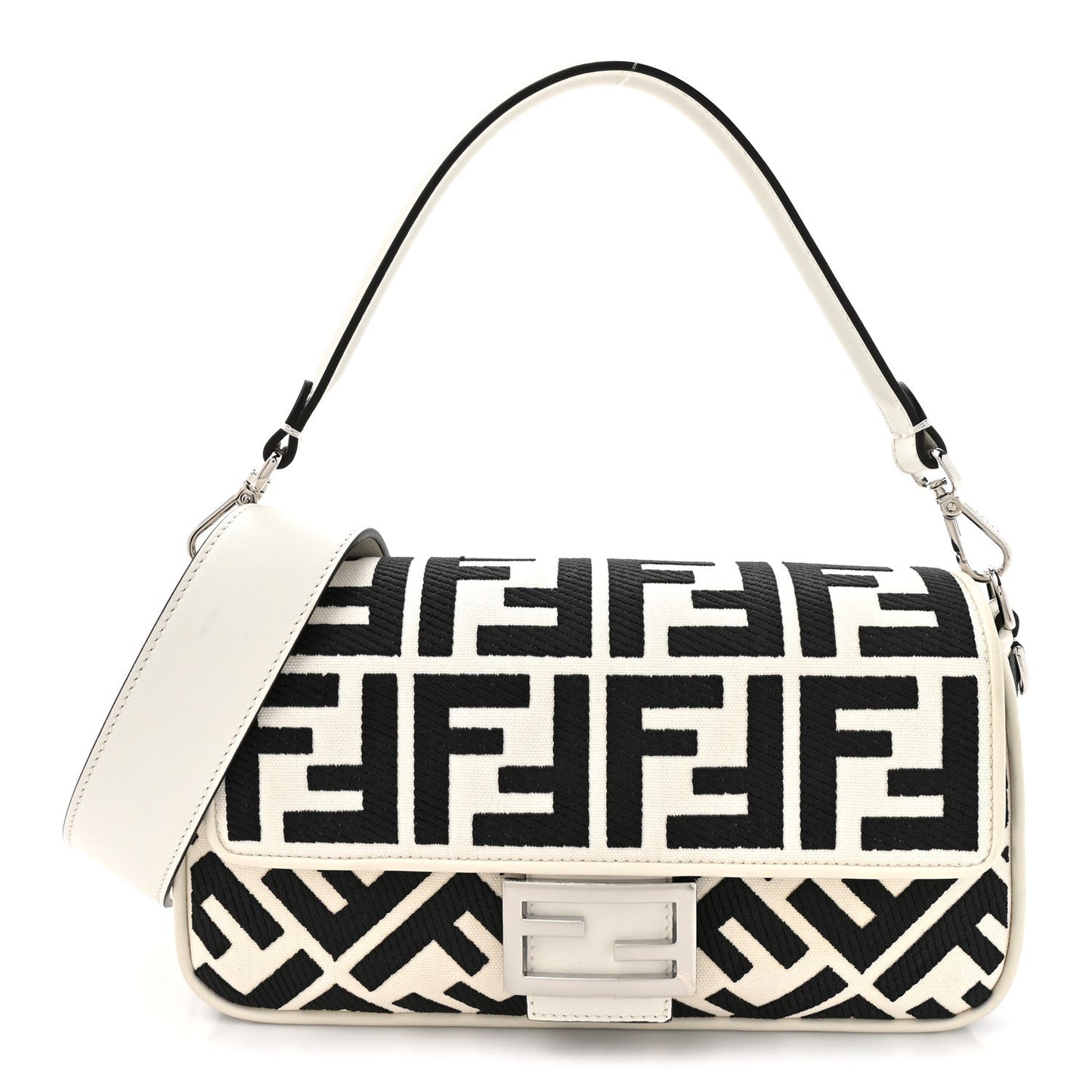 Canvas Vitello King FF Embroidered Baguette White Black