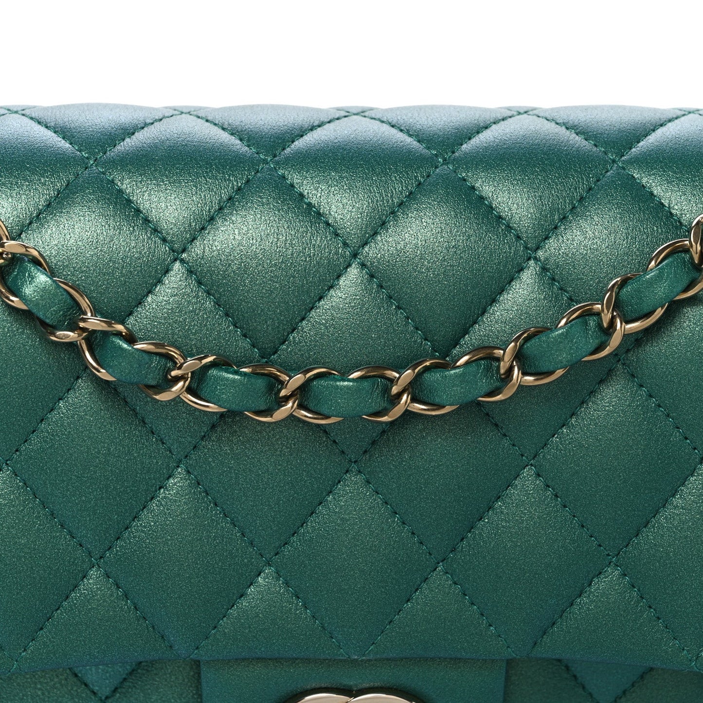 Iridescent Calfskin Quilted Medium Double Flap Green