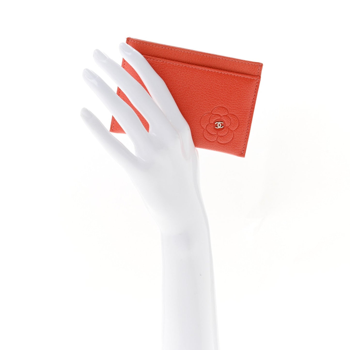 Goatskin Camellia Embossed Card Holder Coral
