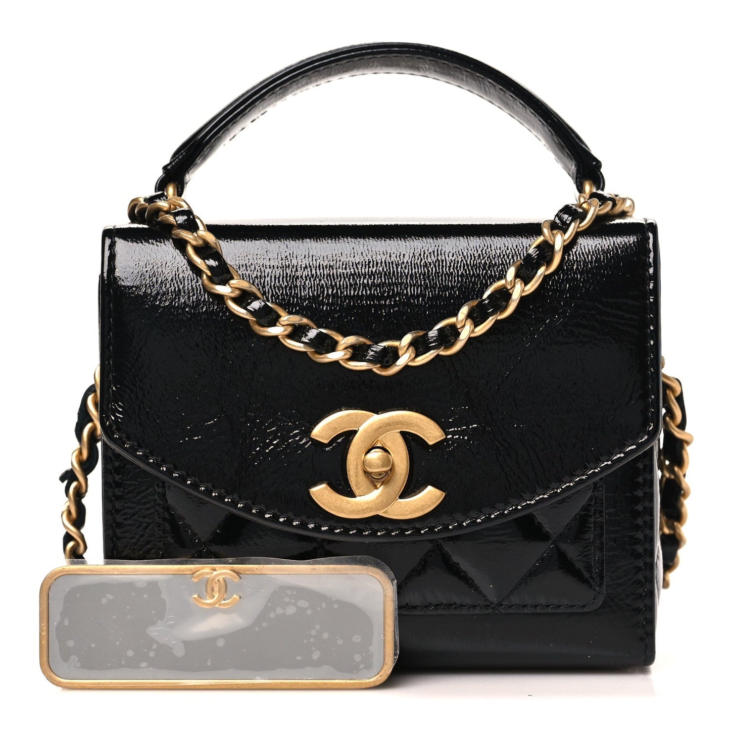 Shiny Lambskin Quilted Top Handle Card Holder On Chain Black