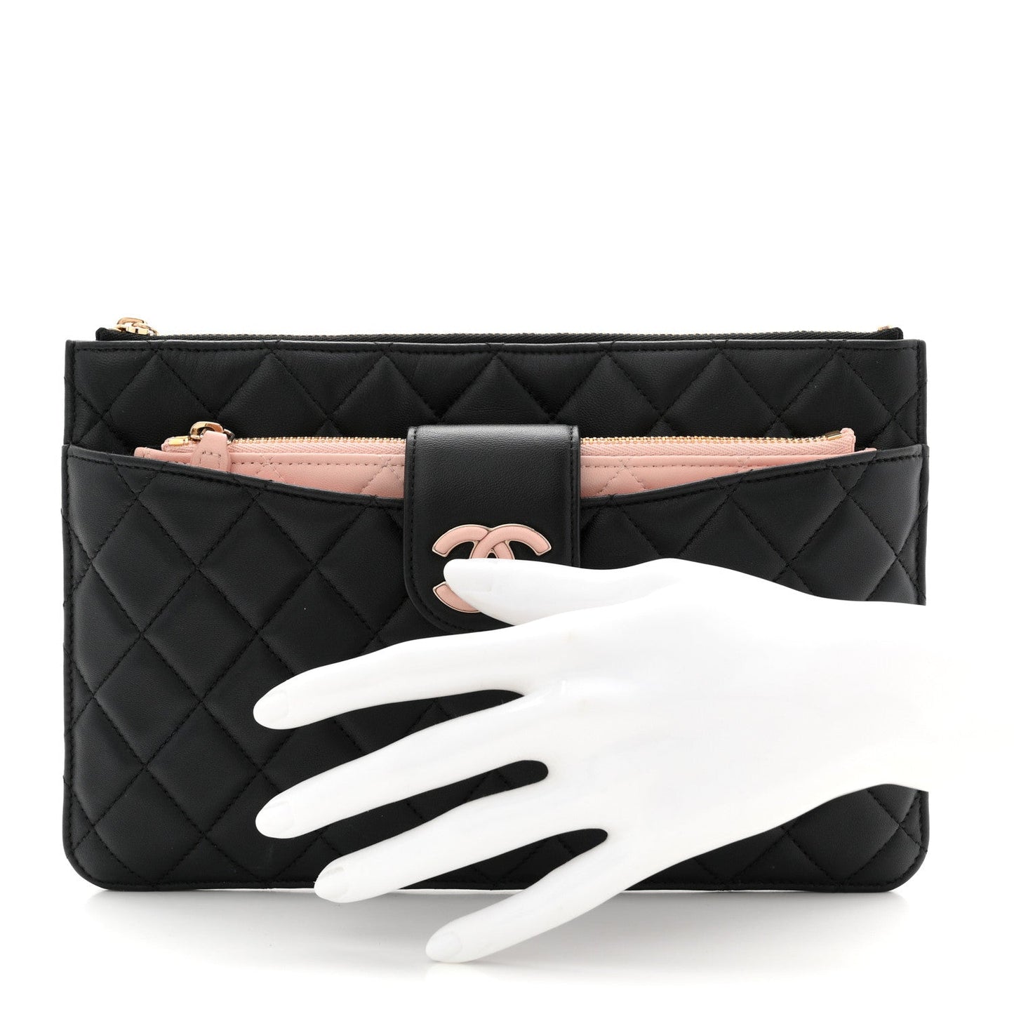 Lambskin Quilted Sunset Boulevard Pouch Case Black Pink
