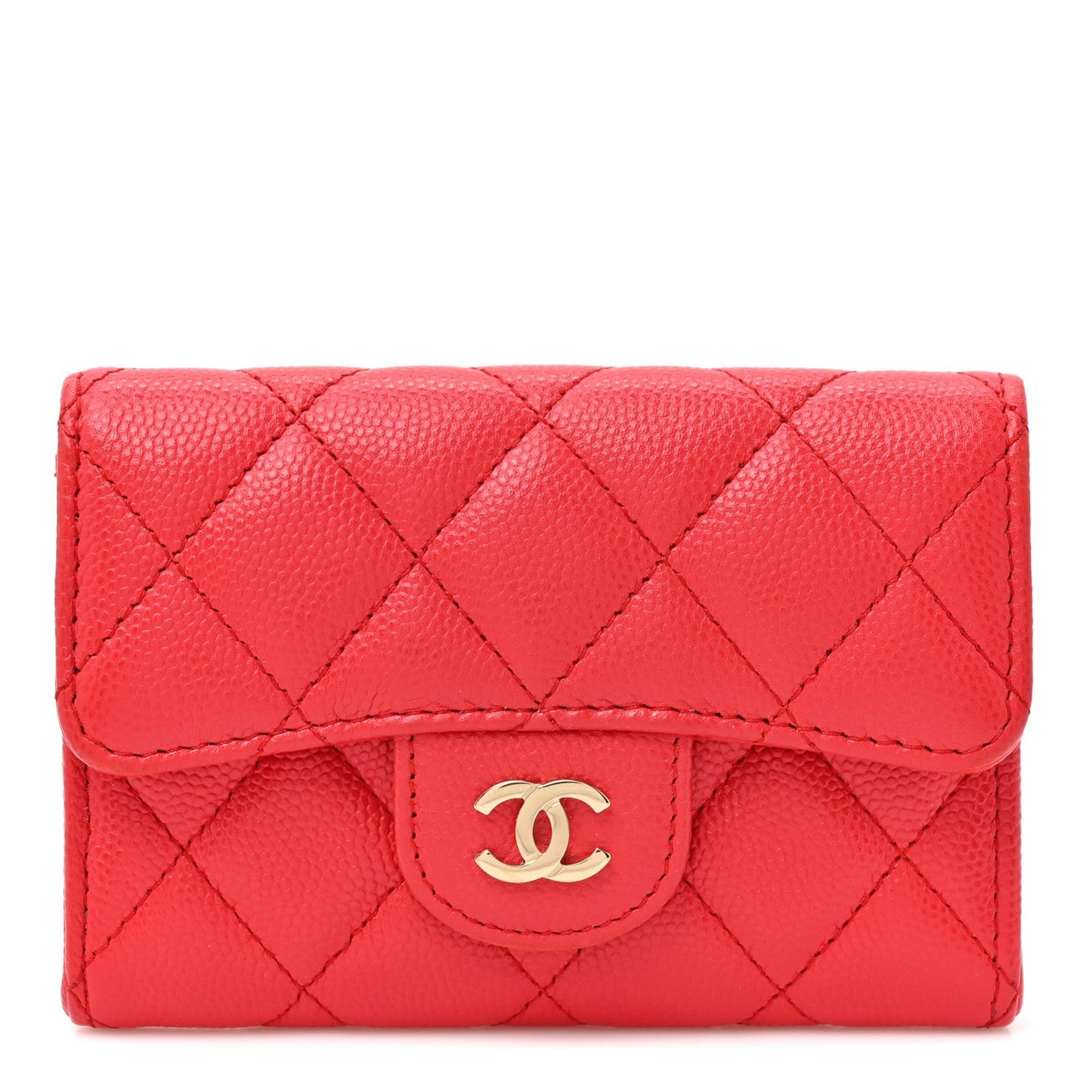 Caviar Quilted Flap Card Holder Wallet Red