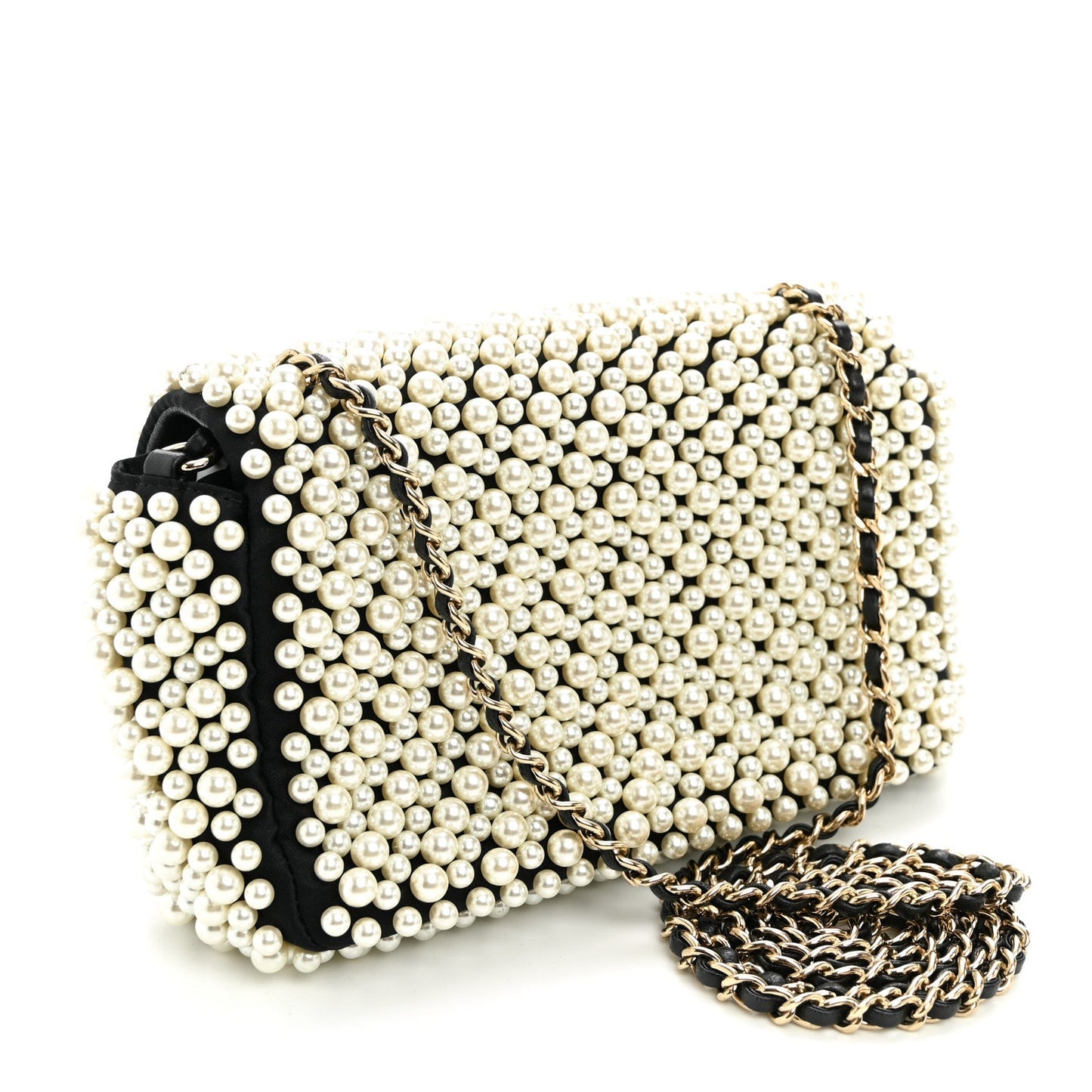 Satin Lambskin Pearl On Mini Rectangular Flap Black