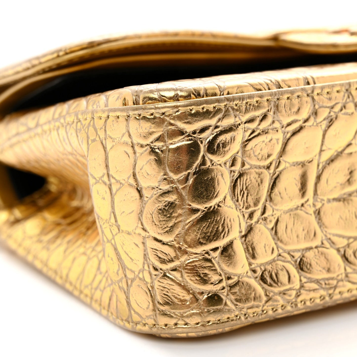 Metallic Calfskin Crocodile Embossed Cocodile Small Double Flap Gold