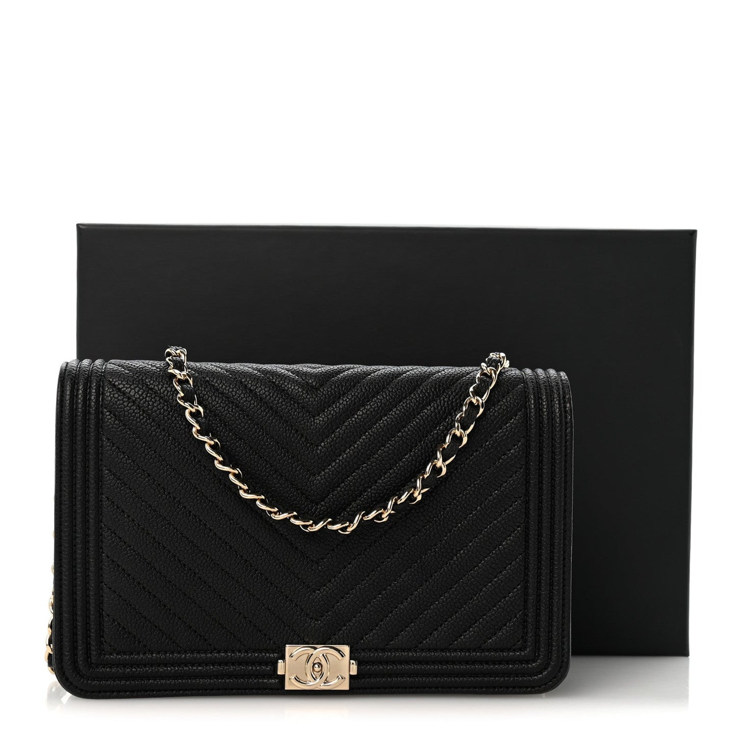 Caviar Chevron Quilted Boy Wallet On Chain WOC Black