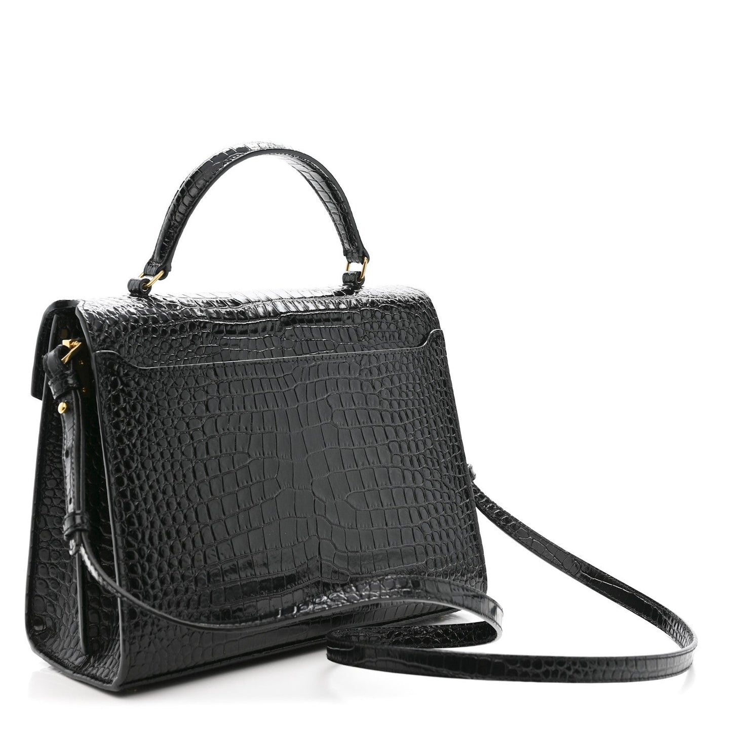 Calfskin Crocodile Embossed Medium Classic Monogram Cassandra Top Handle Black