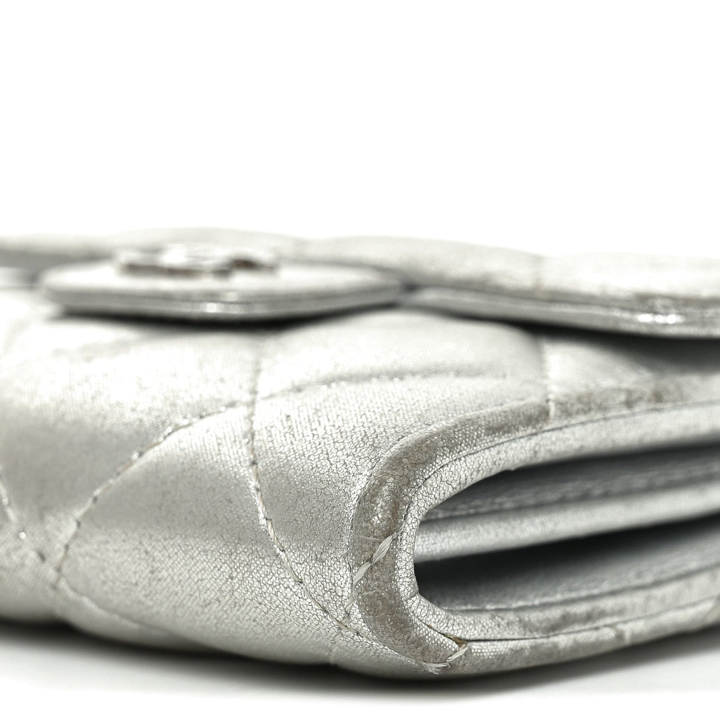 Metallic Lambskin Quilted Flap Card Holder Wallet Silver