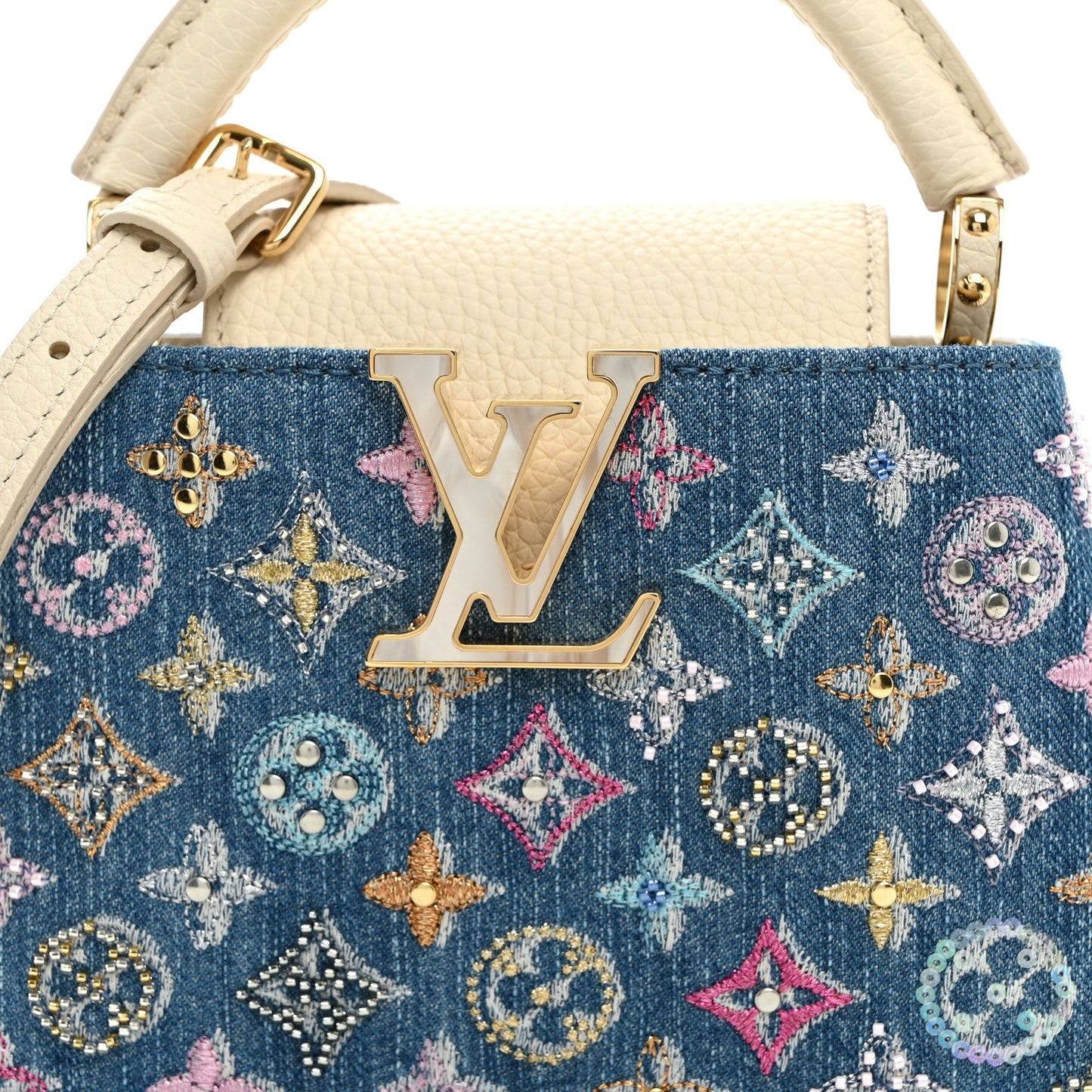 Denim Lurex Beaded Calfskin Capucines Mini Blue Cream