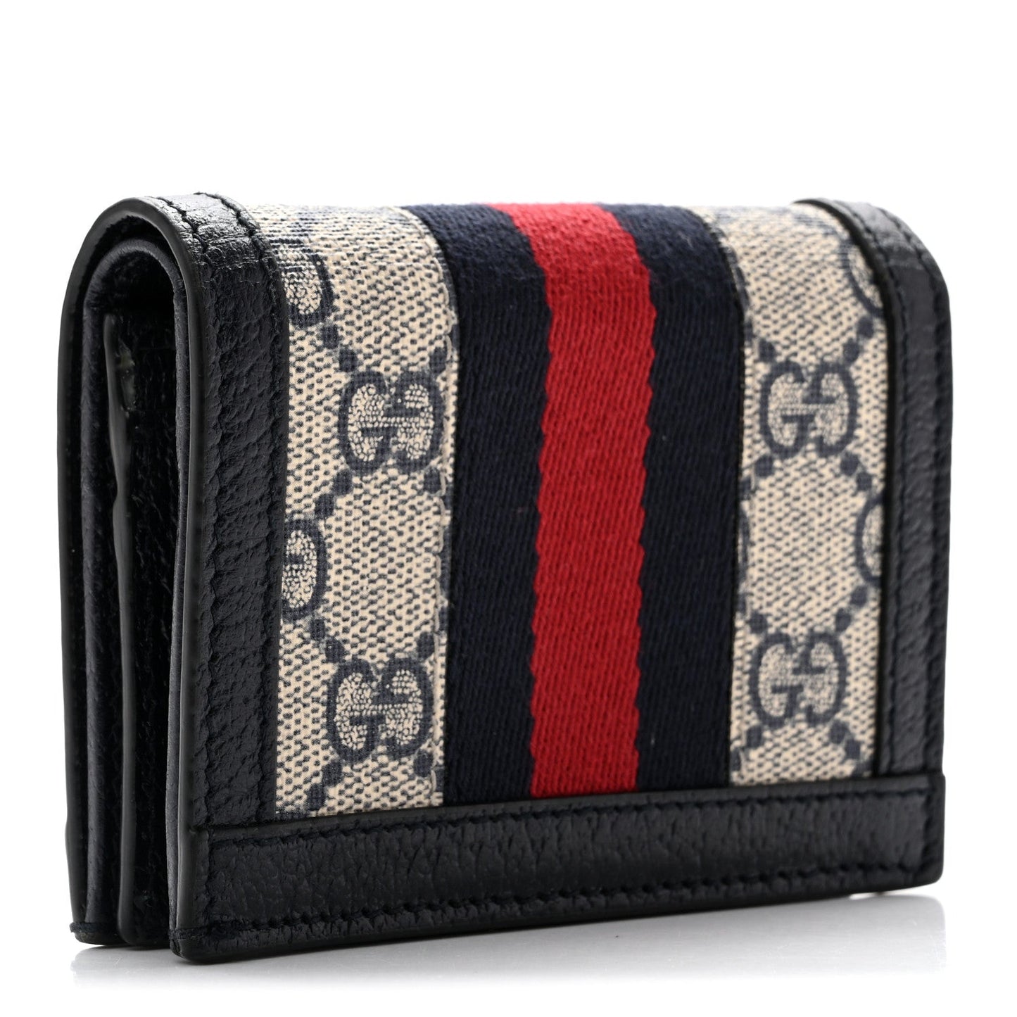 GG Supreme Monogram Textured Dollar Calfskin Web Ophidia Card Case Beige Blue