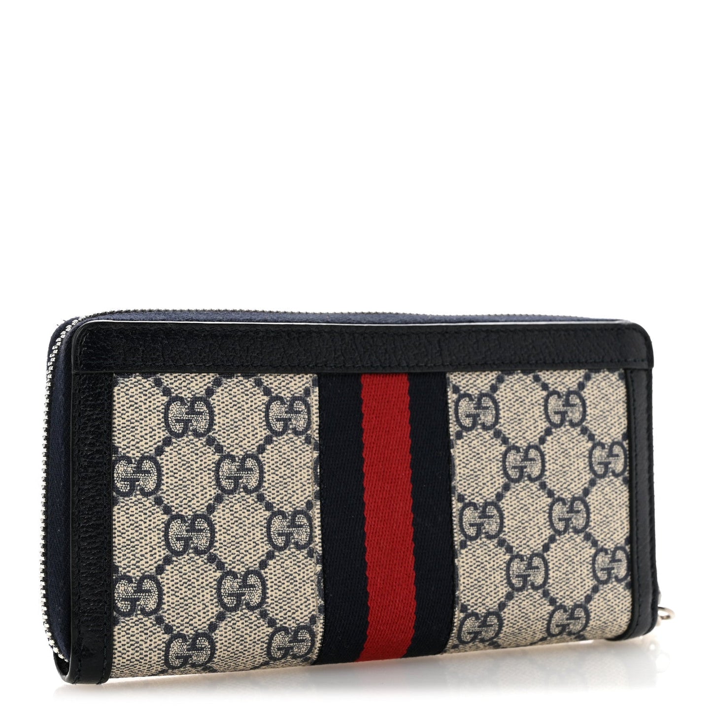 GG Supreme Monogram Textured Dollar Calfskin Web Ophidia Zip Around Wallet Beige Blue