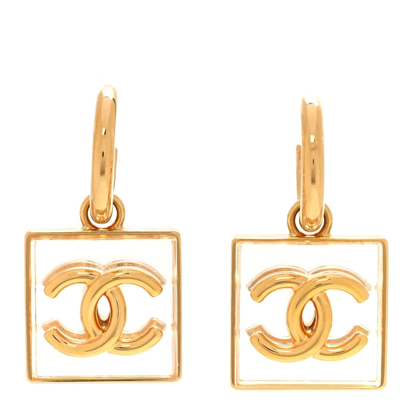 Metal Resin CC Square Drop Earrings Gold Transparent