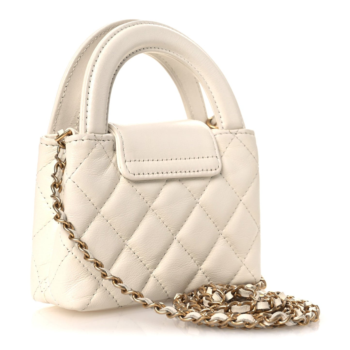 Shiny Aged Calfskin Quilted Mini Nano Kelly Shopper White