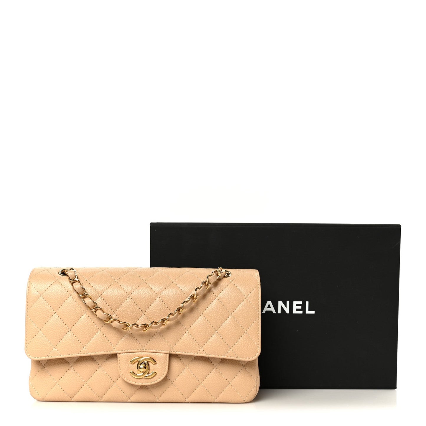 Caviar Quilted Medium Double Flap Beige