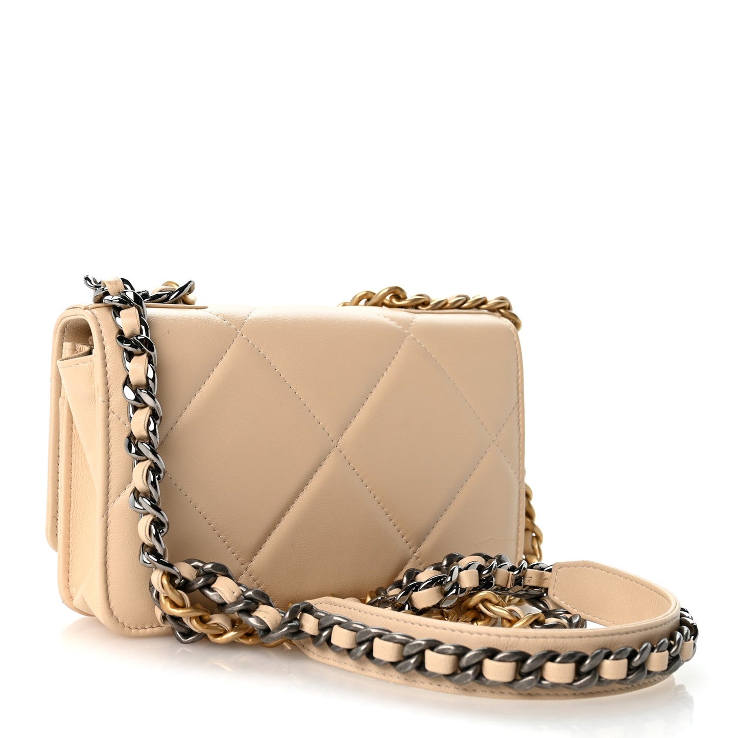 Lambskin Quilted Chanel 19 Wallet On Chain WOC Beige
