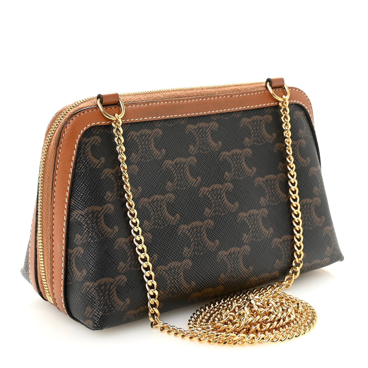 Triomphe Canvas Lambskin Clutch On Chain Tan