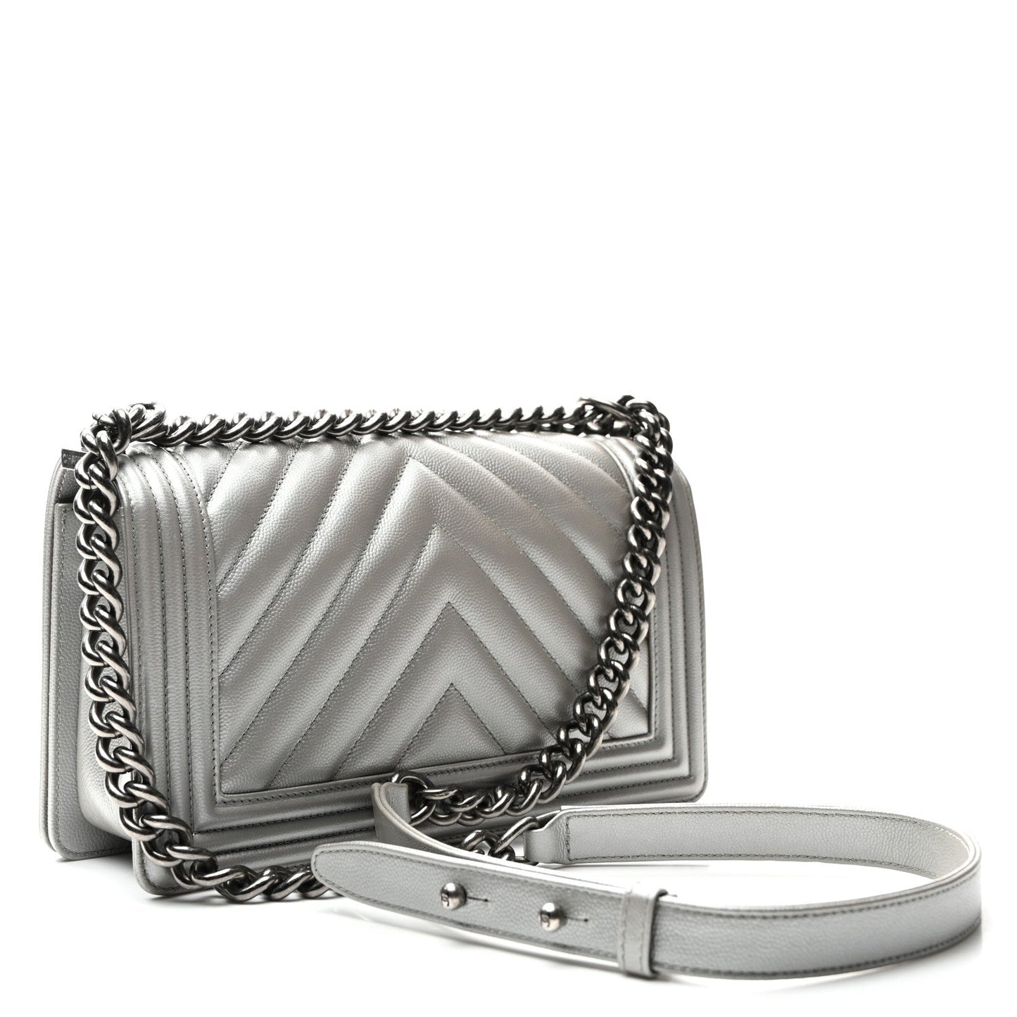Metallic Caviar Chevron Quilted Medium Boy Flap Silver