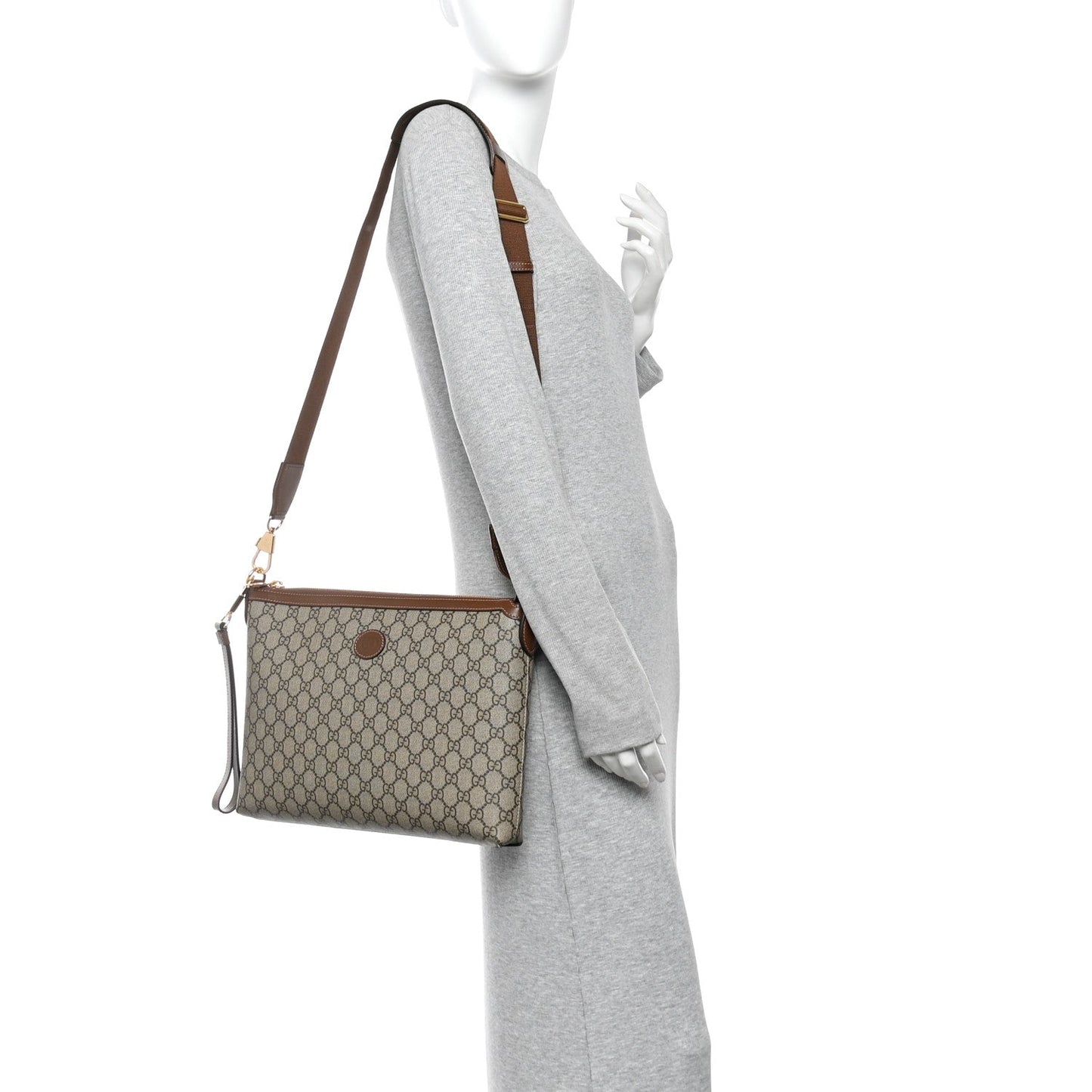 GG Supreme Monogram Azalea Calfskin Retro Interlocking G Wristlet Messenger Bag Beige Ebony Brown Sugar