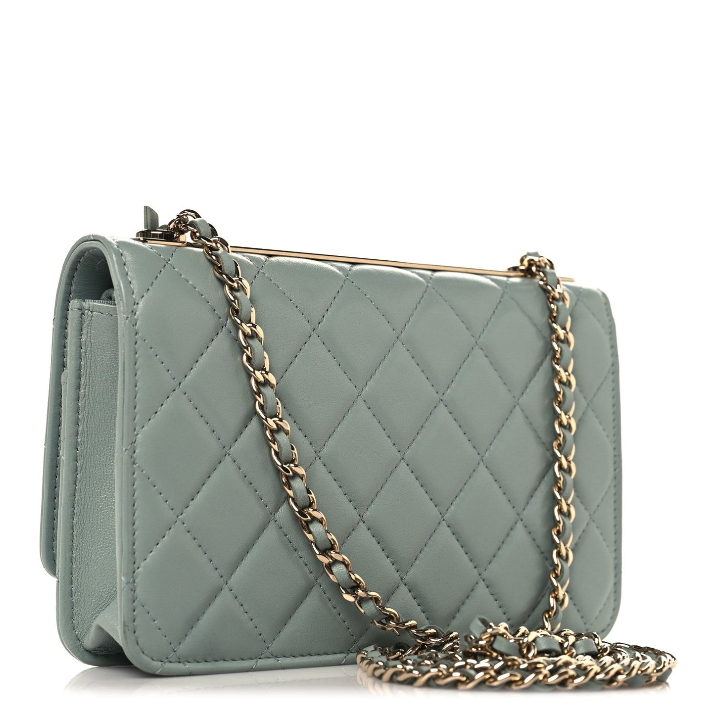 Lambskin Quilted Trendy CC Wallet On Chain WOC Light Blue