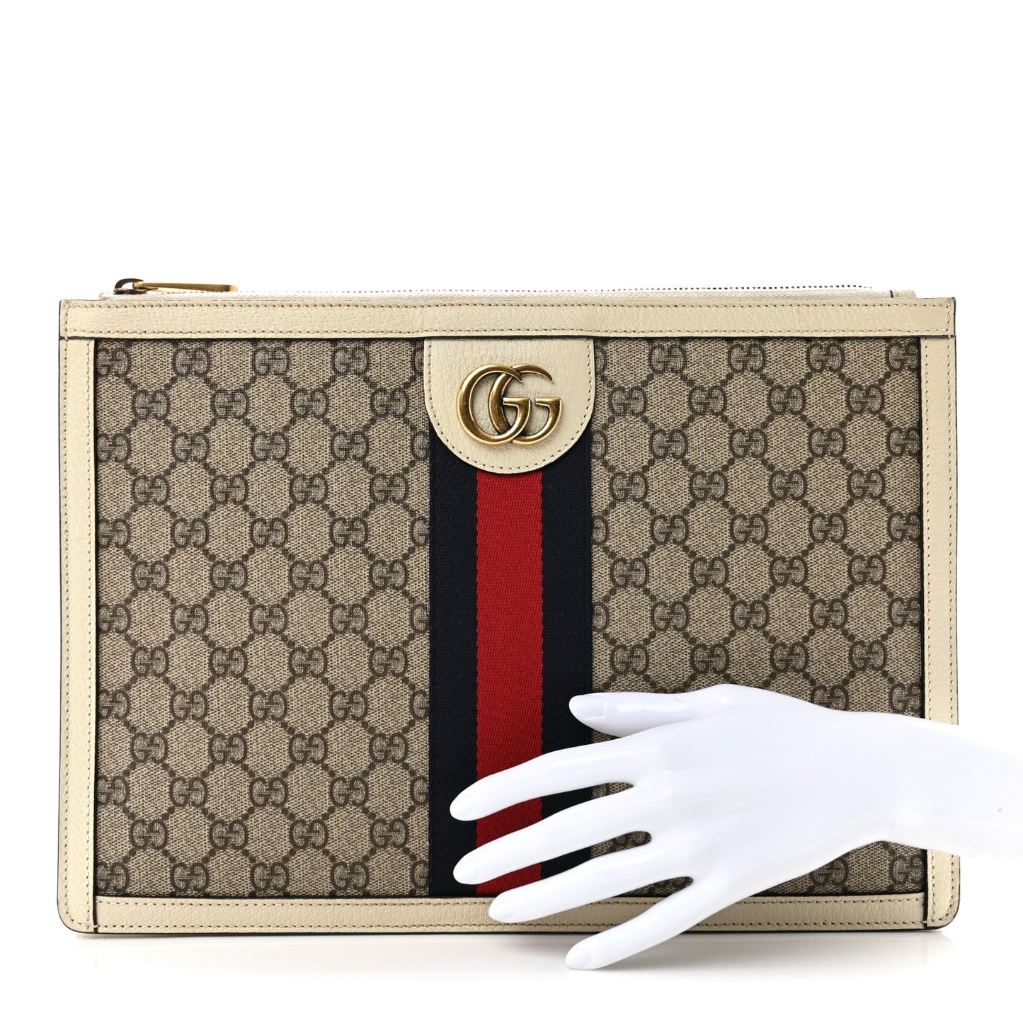 GG Supreme Monogram Web Ophidia Portfolio Pouch Beige Ebony Mystic White