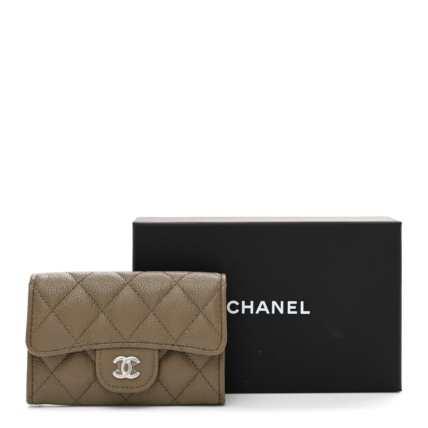 Caviar Quilted Flap Card Holder Wallet Dark Khaki