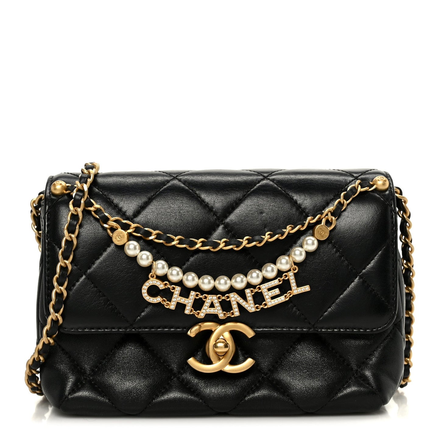 Shiny Lambskin Quilted Mini Pearl Logo Flap Black
