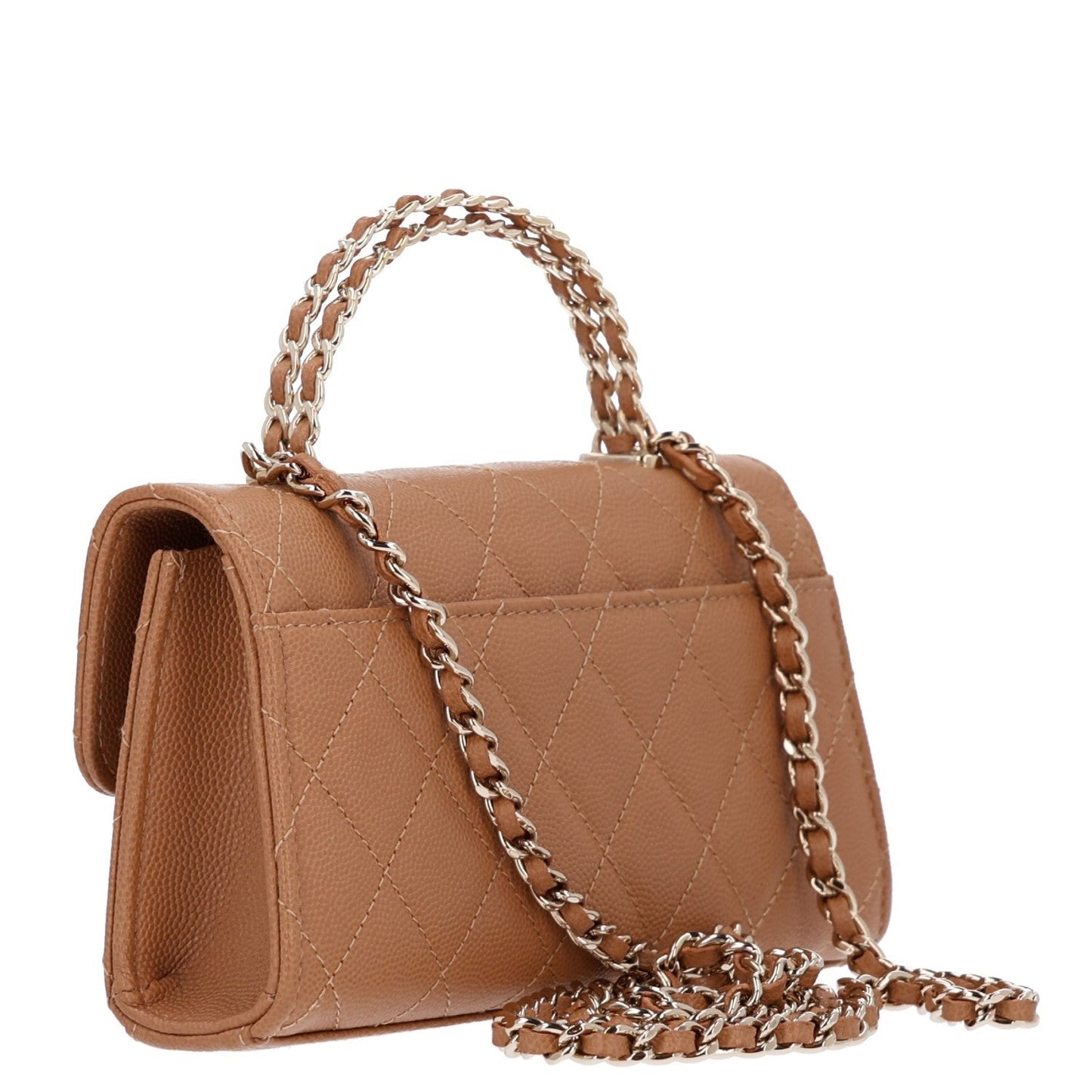 Caviar Quilted Chain Match Top Handle Phone Holder With Chain Beige