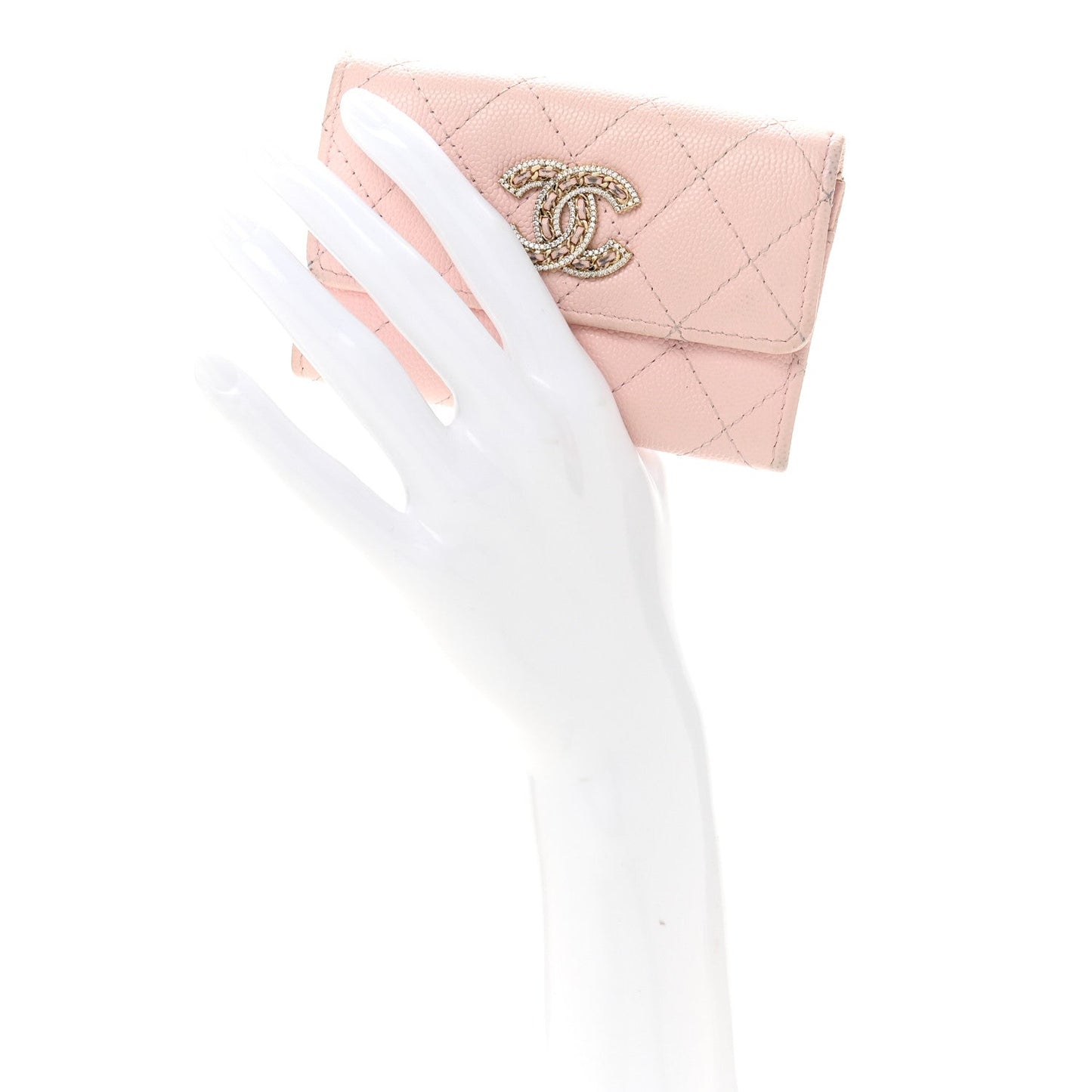 Caviar Quilted Crystal CC Flap Card Holder Pink