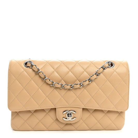 Caviar Quilted Medium Double Flap Beige