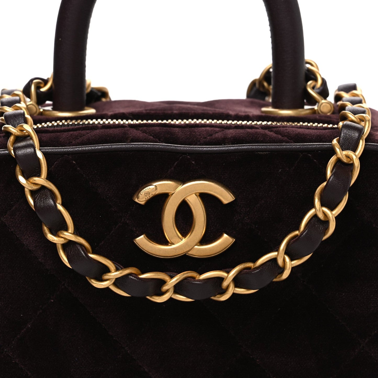 Velvet Quilted Top Handle Mini Bowling Bag Dark Brown