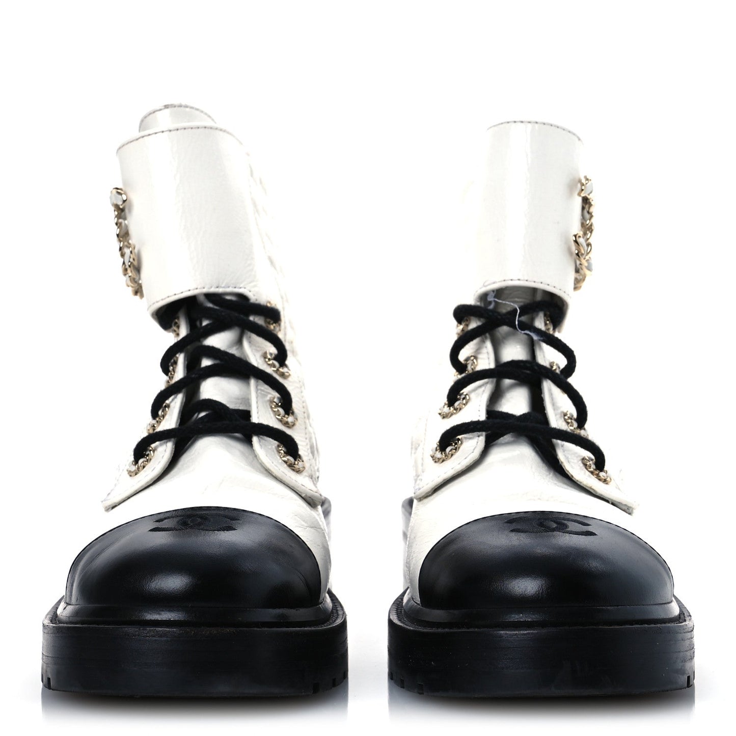 Shiny Goatskin Calfskin Quilted Lace Up Combat Boots 41.5 White Black