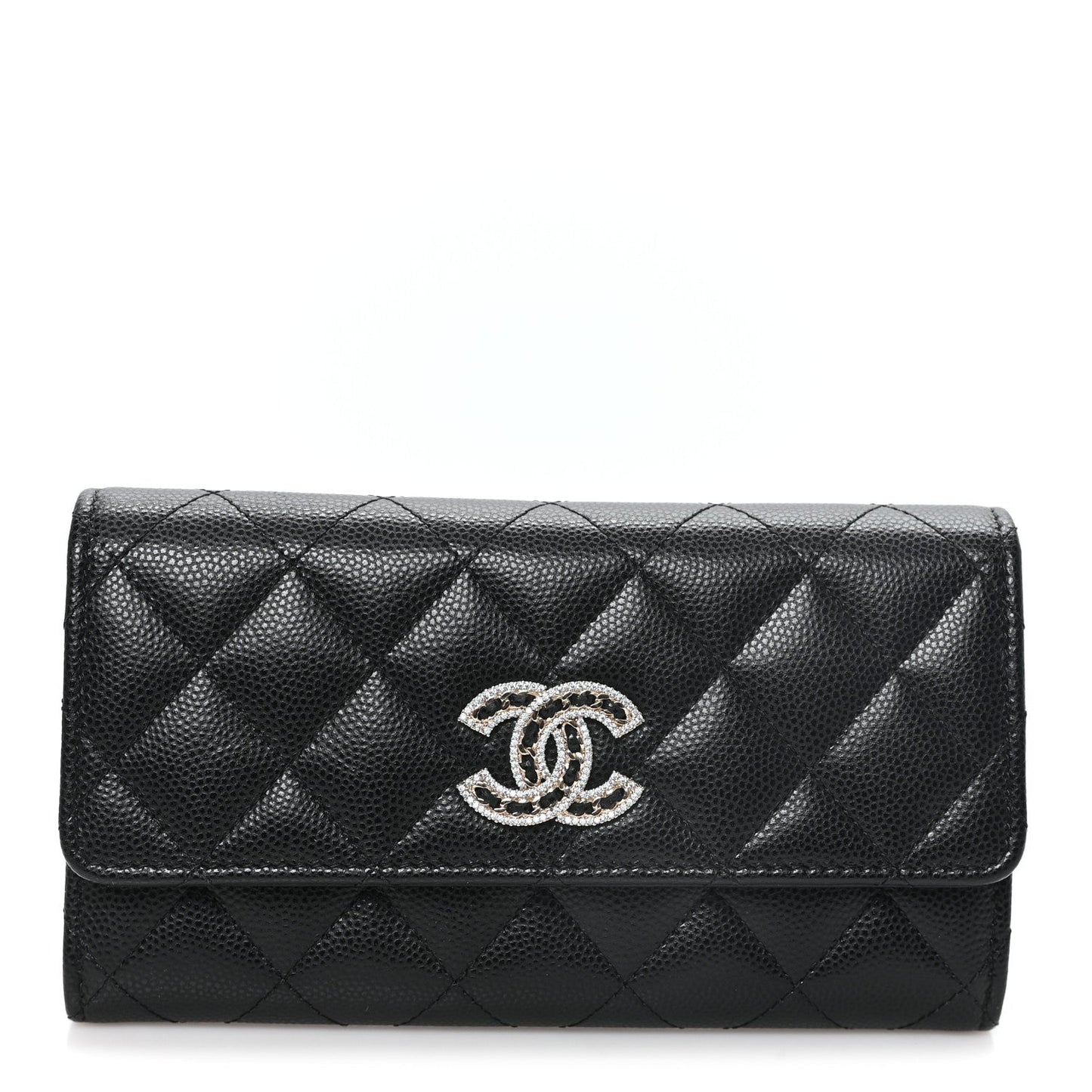 Caviar Quilted Crystal CC Large Gusset Flap Wallet Black