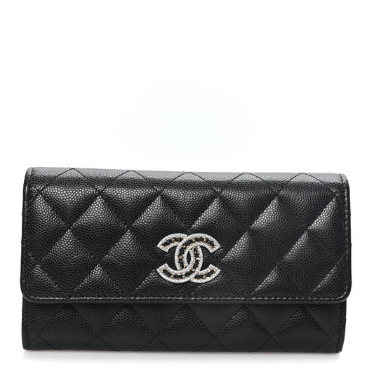 Caviar Quilted Crystal CC Large Gusset Flap Wallet Black