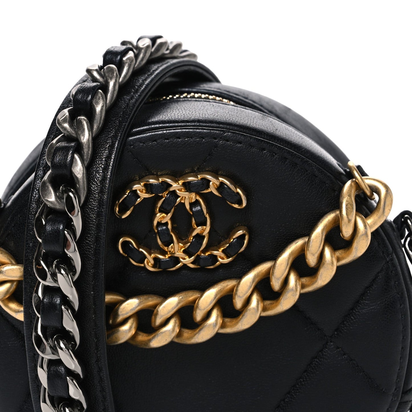 Lambskin Quilted Chanel 19 Round Clutch With Chain Black