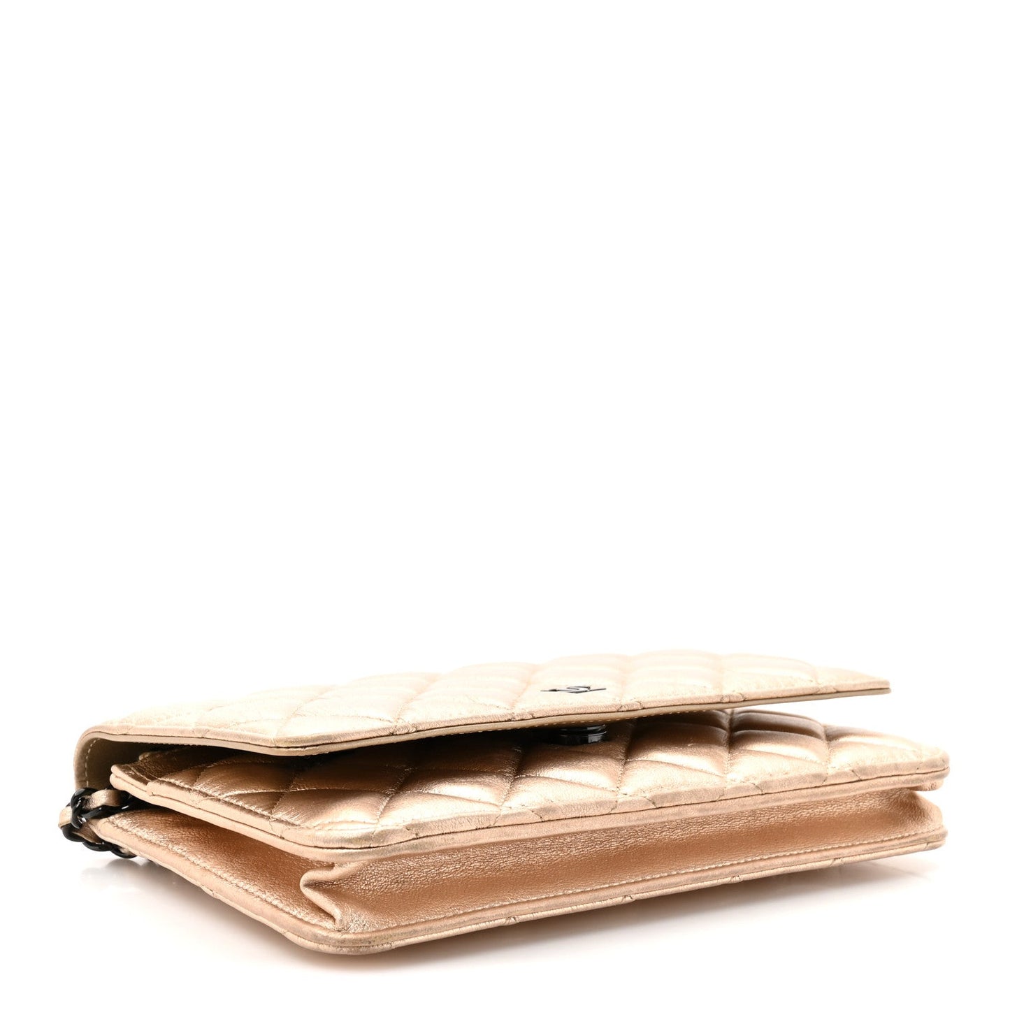 Metallic Lambskin Quilted Wallet On Chain WOC Gold Black