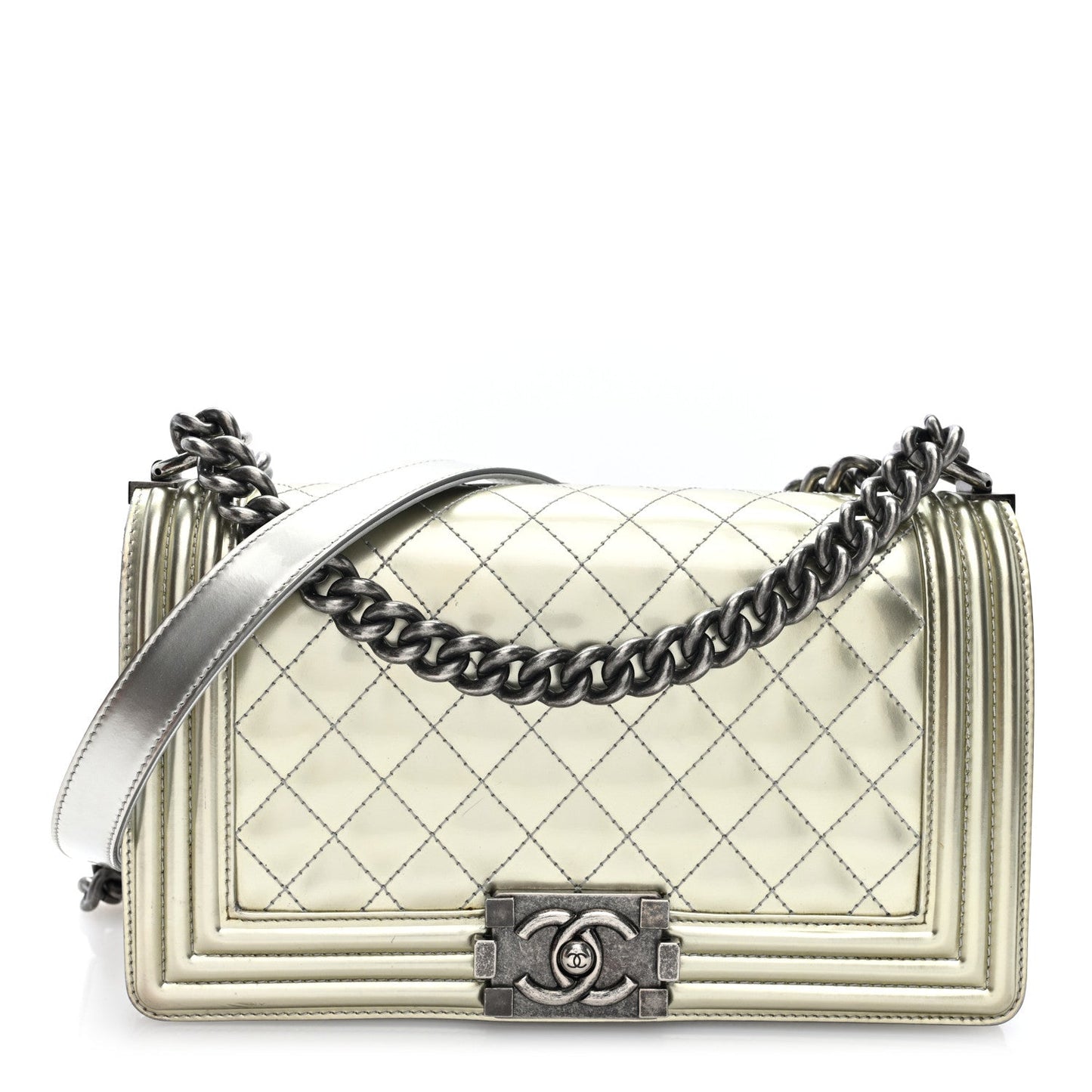 Metallic Patent Calfskin Quilted Medium Boy Flap Silver
