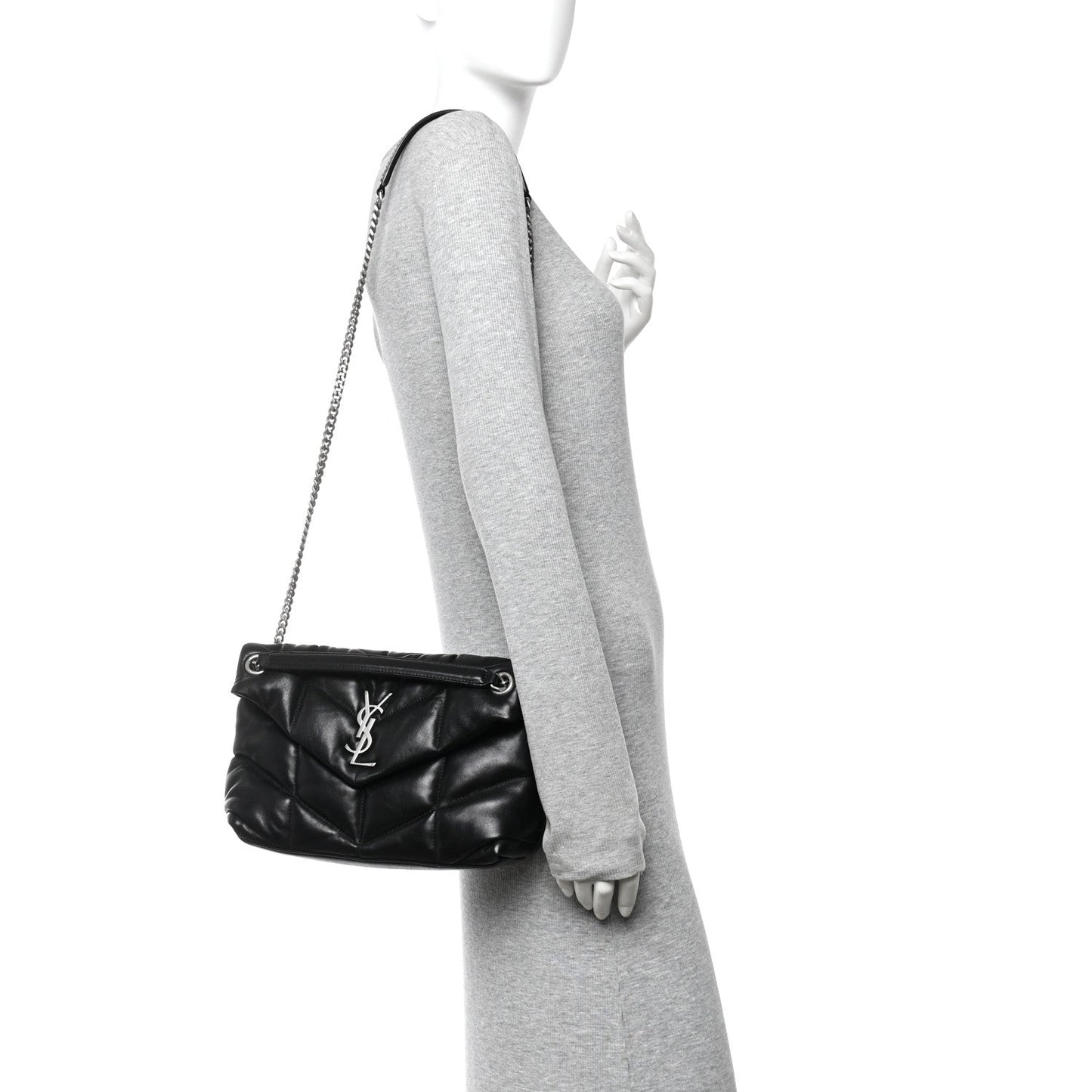 Lambskin Quilted Small Loulou Puffer Monogram Chain Satchel Black