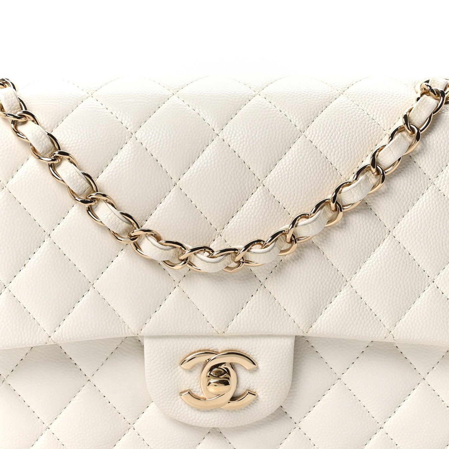 Caviar Quilted Medium Double Flap White