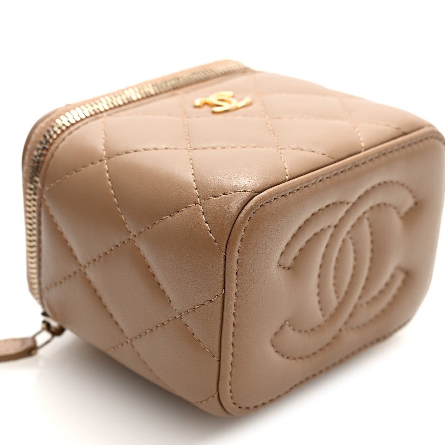 Lambskin Quilted Pearl Crush Mini Vanity Case With Chain Beige