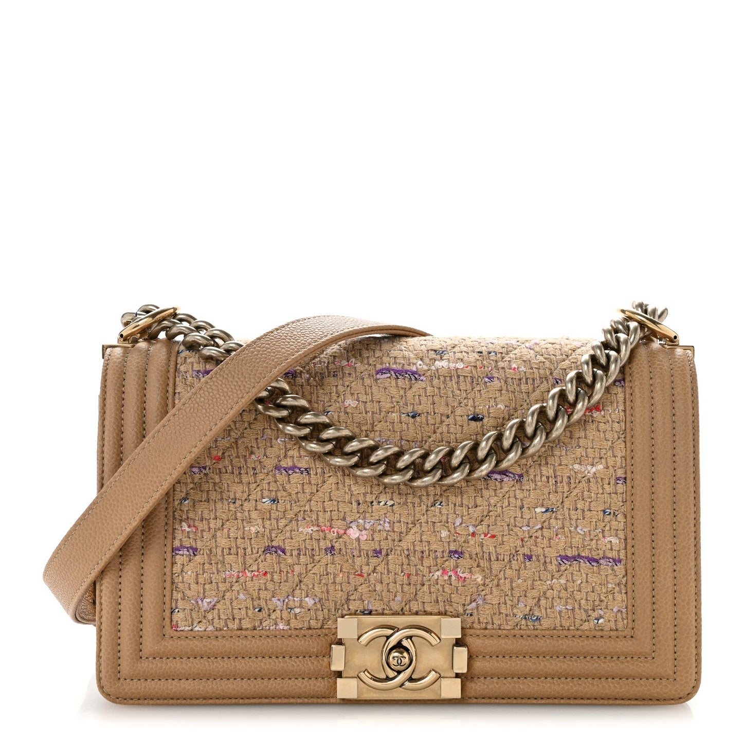 Calfskin Tweed Medium Boy Flap Dark Beige