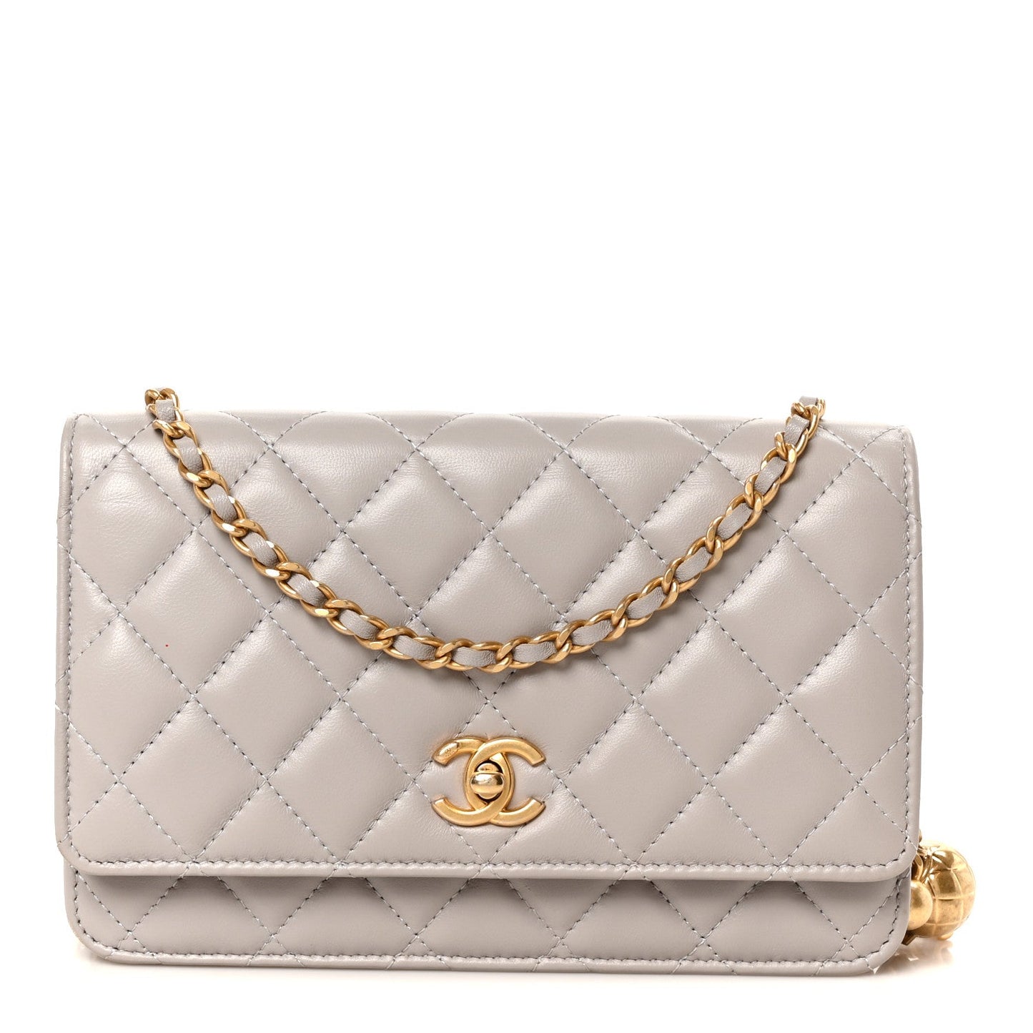 Lambskin Quilted CC Pearl Crush Wallet on Chain WOC Grey
