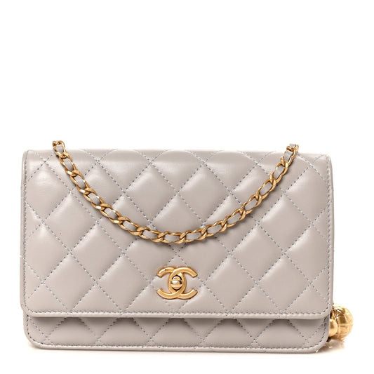 Lambskin Quilted CC Pearl Crush Wallet on Chain WOC Grey