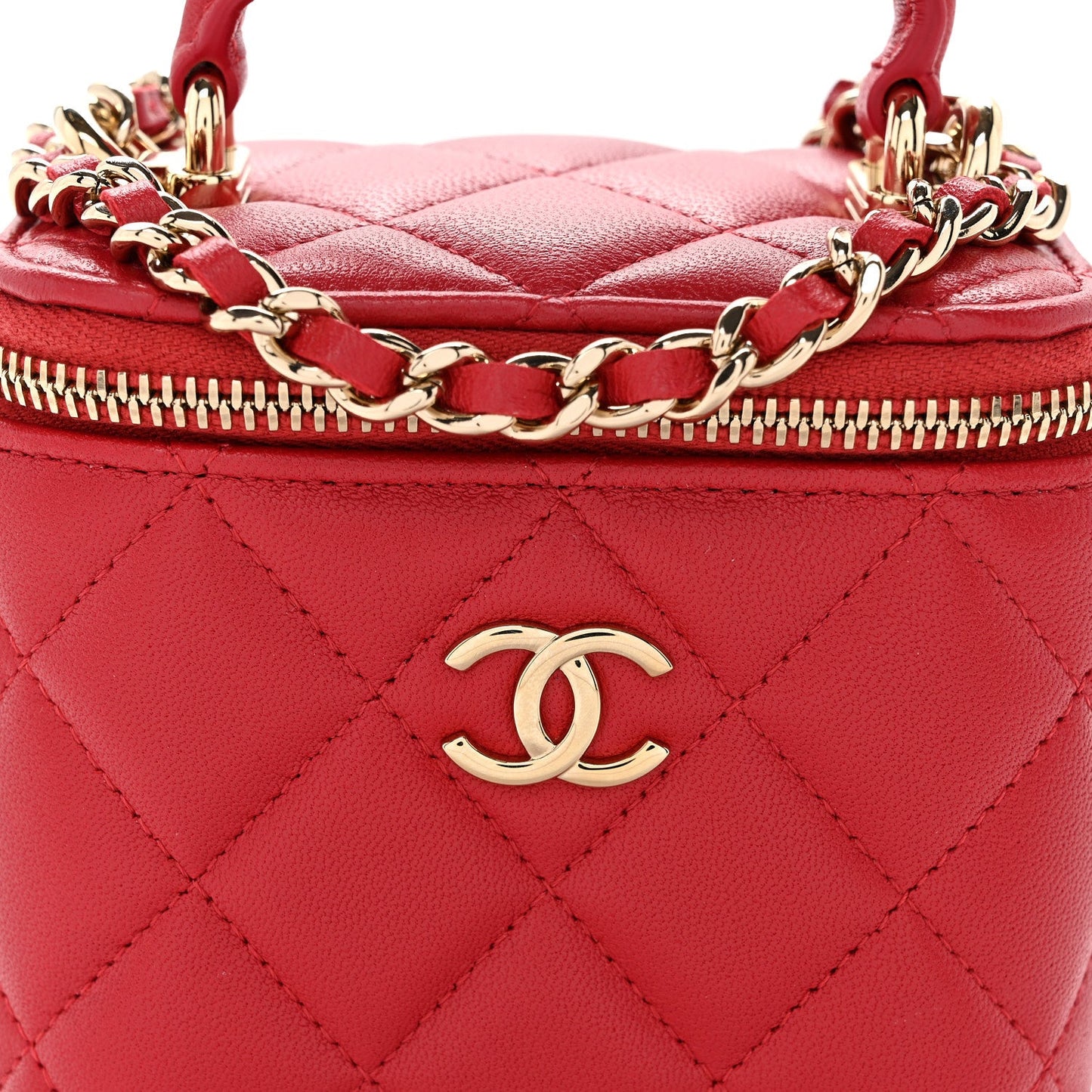 Lambskin Quilted Mini Top Handle Vanity Case With Chain Red