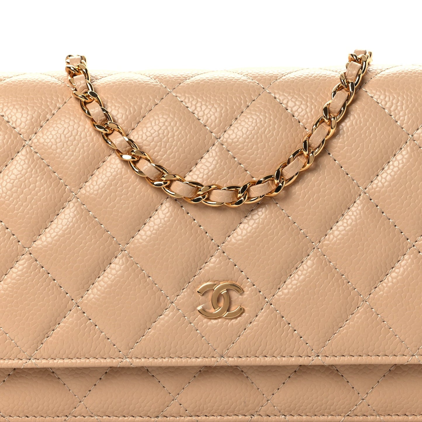 Caviar Quilted Wallet on Chain WOC Beige
