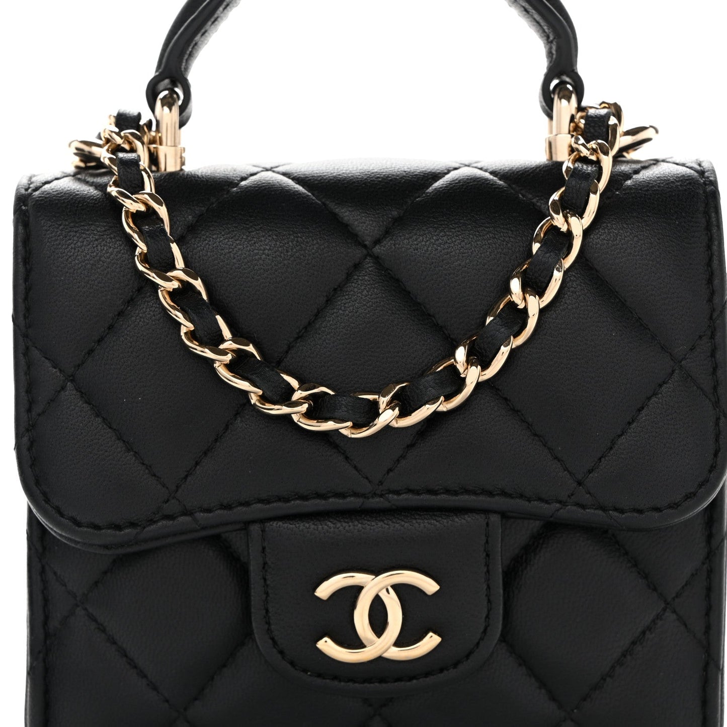 Lambskin Quilted Top Handle Flap Clutch With Chain Black