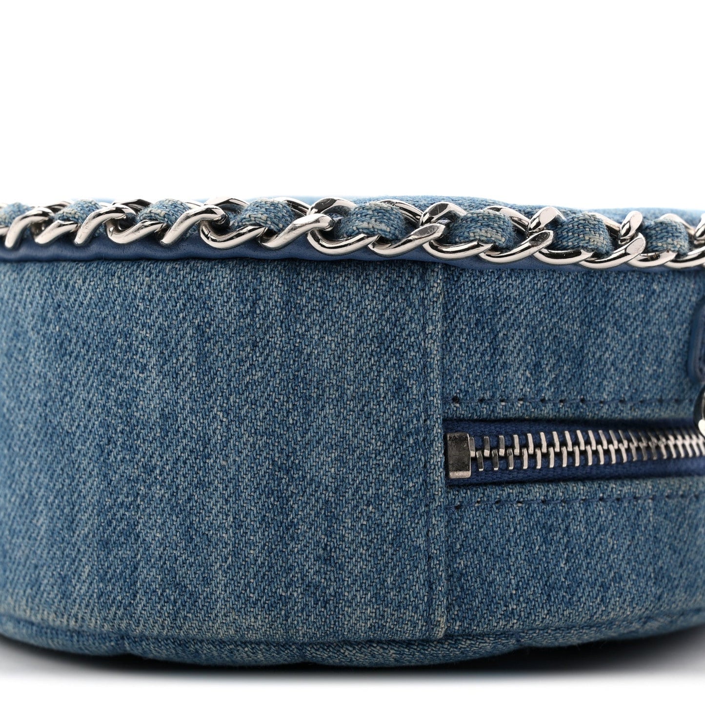 Denim Quilted Round Clutch With Chain Blue