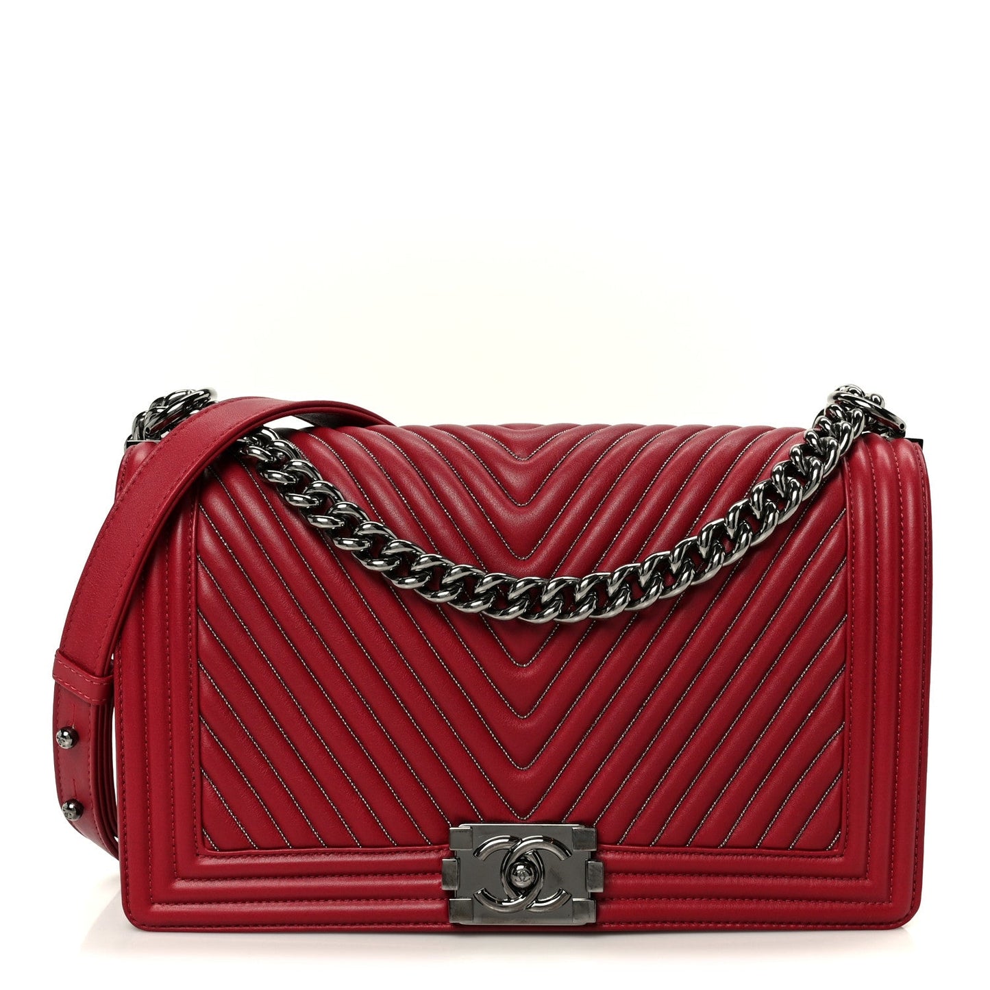 Calfskin Chevron Quilted New Medium Chain Boy Flap Red