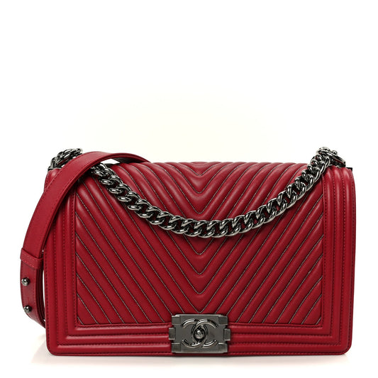 Calfskin Chevron Quilted New Medium Chain Boy Flap Red