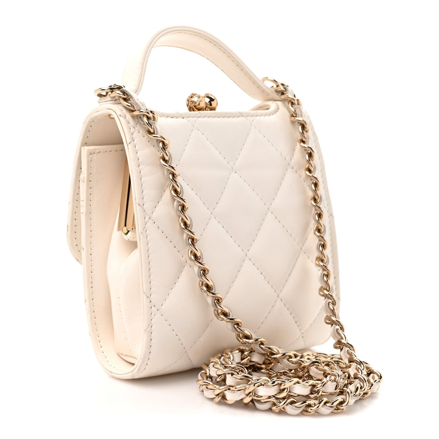 Lambskin Quilted Kiss Lock Top Handle Flap Clutch With Chain White