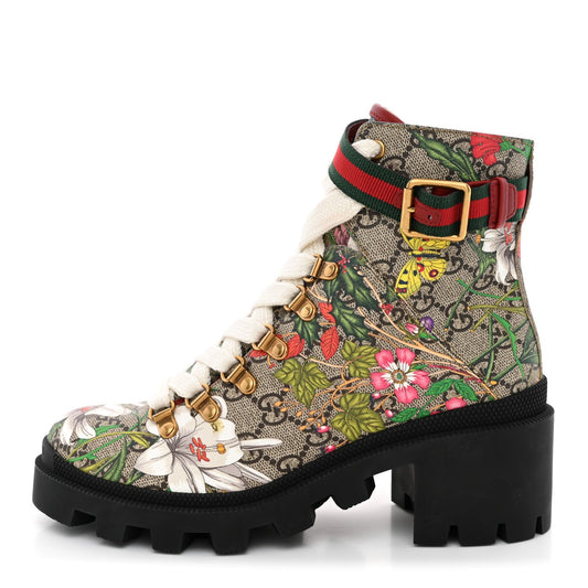 GG Supreme Monogram Flora Lace Up Combat Ankle Boots 36 Beige Multicolor Red